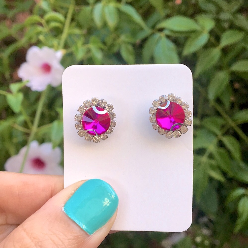 Fuchsia Hot Pink Rivoli + Silver Crystal Halo Stud Earrings - Picture 7 of 9